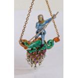 Ruby, pearl and enamel pendant, with depiction of St George slaying the dragon, above a ruby and