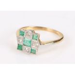 Emerald and diamond set gold ring, the head set with five emeralds and four diamonds in a chequer