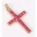 Gold ruby and diamond set cross pendant, the cross set with seventeen square cut rubies, with four