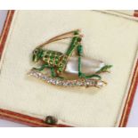 Demantoid Garnet , diamond and mother of pearl and brooch in the form of a grasshopper, 33mm wide,