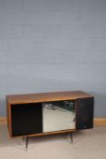 Pair of JVC S40 walnut cased speaker cabinets, circa 1980's, each having sliding glass doors