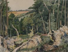 Frank Runacres (1904-1974) Tree's and Fields, signed watercolour, 38.5cm x 29cm