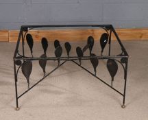 20th Century metal coffee table, of square shape, with turned stretchers with attached paddle shaped