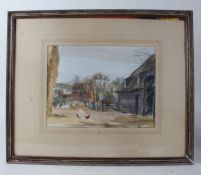 Beryl Pickering (20th Century) Farmyard, Ickleton, watercolour, housed in a glazed frame, the