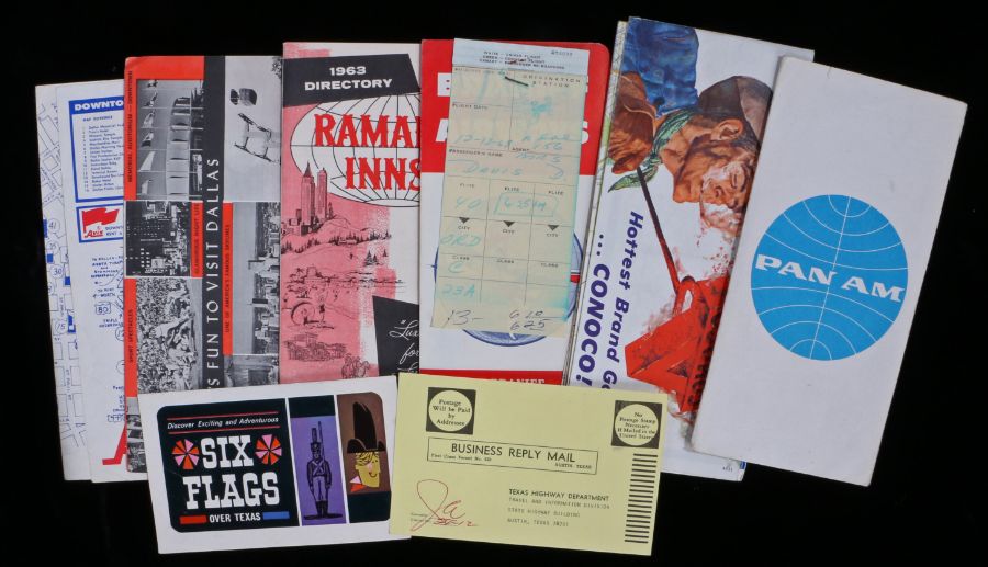 Collection of ephemera relating to Texas 1963, to include the Pan Am flight paperwork, a map Dallas,