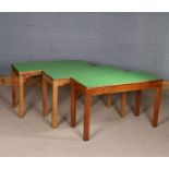 20th century three pine side tables, with rectangular formica tops in green, 92cm wide and 56cm high