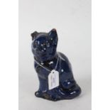 Jones Eweni terracotta cat, the blue glazed body incised "SUSAN" to the chest, 19cm high, AF