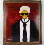 20th century, oil on board portrait, figure wearing sunglasses and a black suit, signed Hussein