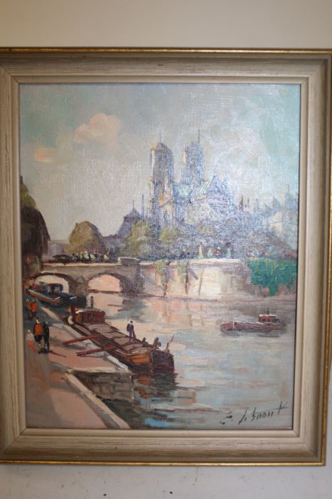 French School (20th Century) oil on canvas depicting Notre Dame, with figures and boats by the