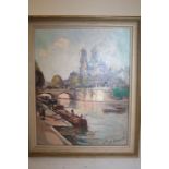 French School (20th Century) oil on canvas depicting Notre Dame, with figures and boats by the