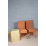 Two Lloyd Loom chairs, painted in orange, and a loom linen basket (3)