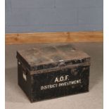 20th Century tin trunk, marked to the front A.O.F. District Investment, 59cm high and 36cm wide
