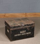 20th Century tin trunk, marked to the front A.O.F. District Investment, 59cm high and 36cm wide