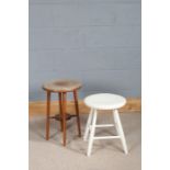 Kandya white painted stool/table, raised on four turned legs, together with a teak circular topped