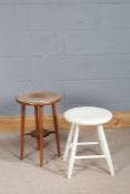 Kandya white painted stool/table, raised on four turned legs, together with a teak circular topped