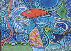 Tyrel Broadbent (b. 1954), 'Fish/Heads', acrylic on paper, signed Tyrel and dated '87, with hand