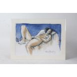 Valerie Armstrong, watercolour and inktense crayon, study of a reclining nude, unframed, 33.5cm wide