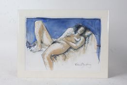 Valerie Armstrong, watercolour and inktense crayon, study of a reclining nude, unframed, 33.5cm wide