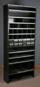 N.C. Brown Ltd, large green metal pigeon holed shelves, fitted with a series of small drawers, 216cm