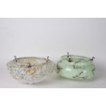 Two Art Deco style mottled glass light shades, the first in green, the second with orange, green and