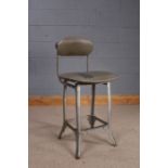 20th Century industrial machinists chair, with grey upholstery and adjustable back rest, metal frame