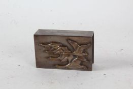 Danish metal matchbox holder, with raised depiction of geese in flight, stamped verso with makers