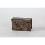 Danish metal matchbox holder, with raised depiction of geese in flight, stamped verso with makers