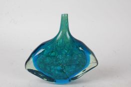 Mdina glass vase, the slender tapering neck above a slab sided body, with yellow and blue striated