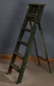 Green painted wooden folding step ladder, approx. 156cm high