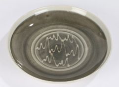 Studio pottery shallow dish, possibly continental, in grey glaze, 27cm diameter