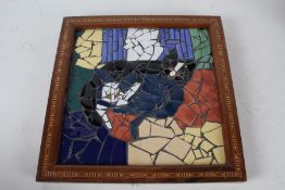 Framed glass mosaic depicting two cats, signed verso, 35cm x 35cm