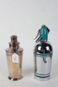 Art Deco style silver plated cocktail shaker, with stepped platform neck, and a Sparkles soda syphon