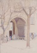 Avril Burleigh (1885-1949) Archway with people, pencil signed watercolour, 27cm x 39cm