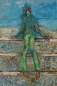 Jenny Sommerville (Contemporary) Figure seated on a fence, signed oil on board, 47cm x 70cm