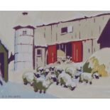 Herbert Sidney Palmer (Canadian 1881-1970) Sheep by a farm, silkscreen print, 11.5cm x 9cm