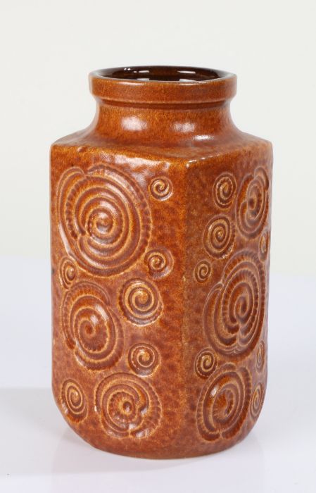 Mid 20th century West German pottery vase, of square form, with a shell type design in brown