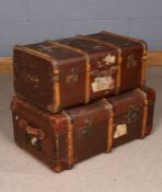 Two early 20th Century wood and brass bound travelling trunks, one marked the Crescent with a