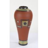 Vietnamese tall terracotta vase, of slender baluster form, with a geometric green glazed design,