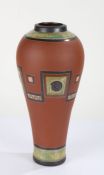 Vietnamese tall terracotta vase, of slender baluster form, with a geometric green glazed design,