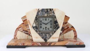 Art Deco French marble mantel clock, having silvered dial with arabic numerals, 51.5cm wide