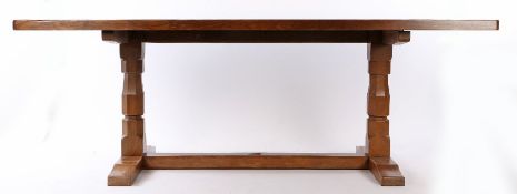 Derek "Lizardman" Slater oak refectory table, the rectangular adzed top above angular columns and