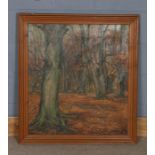 A.E Manning (20th Century), oil on canvas, view of a forest during autumn, housed in a frame, the