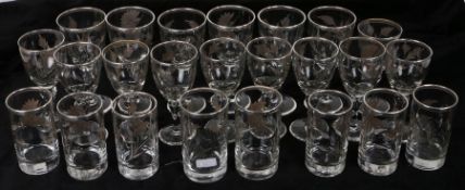 20th Century suite of drinking glasses, all with silver coloured floral overlay, twenty-four glasses