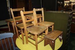 Three 20th Century elm seated child's chairs, a milking stool and a further elm topped stool (5)