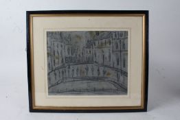 Manner of Lowry, figures in a street, pencil drawing, bears signature, housed within an ebonised and