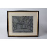 Manner of Lowry, figures in a street, pencil drawing, bears signature, housed within an ebonised and