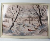 Paul Alexander Nicholas (1943 -2007) view of a snowy landscape with ducks and pheasants,