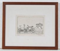 Sormani, black and white etching of two bicycles, 42/45, pencil signed to margin, housed within a