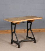 20th Century pine topped industrial type table, raised on a metal framed support with castors, 102cm