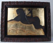 20th century school, study of a figure on horseback, unsigned oil on board, housed within a wooden